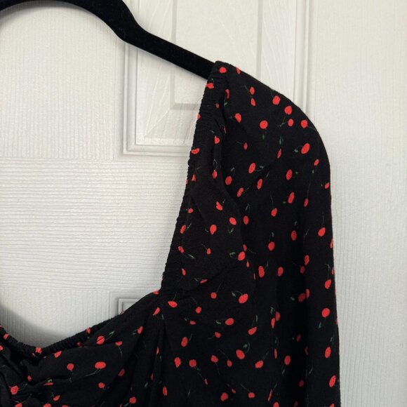EUC, Free People Julia Cherry Print Blouse, Smocked Back, Black, Size L - Picture 5 of 14